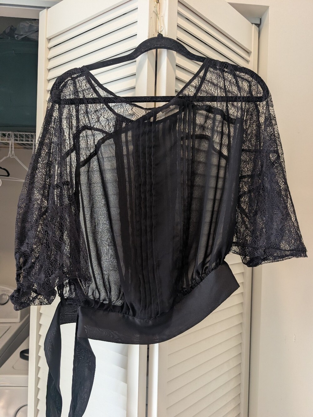 Double Zero Sheer Lace Black Women's Blouse - Elegant Tie-Waist Top Size Small